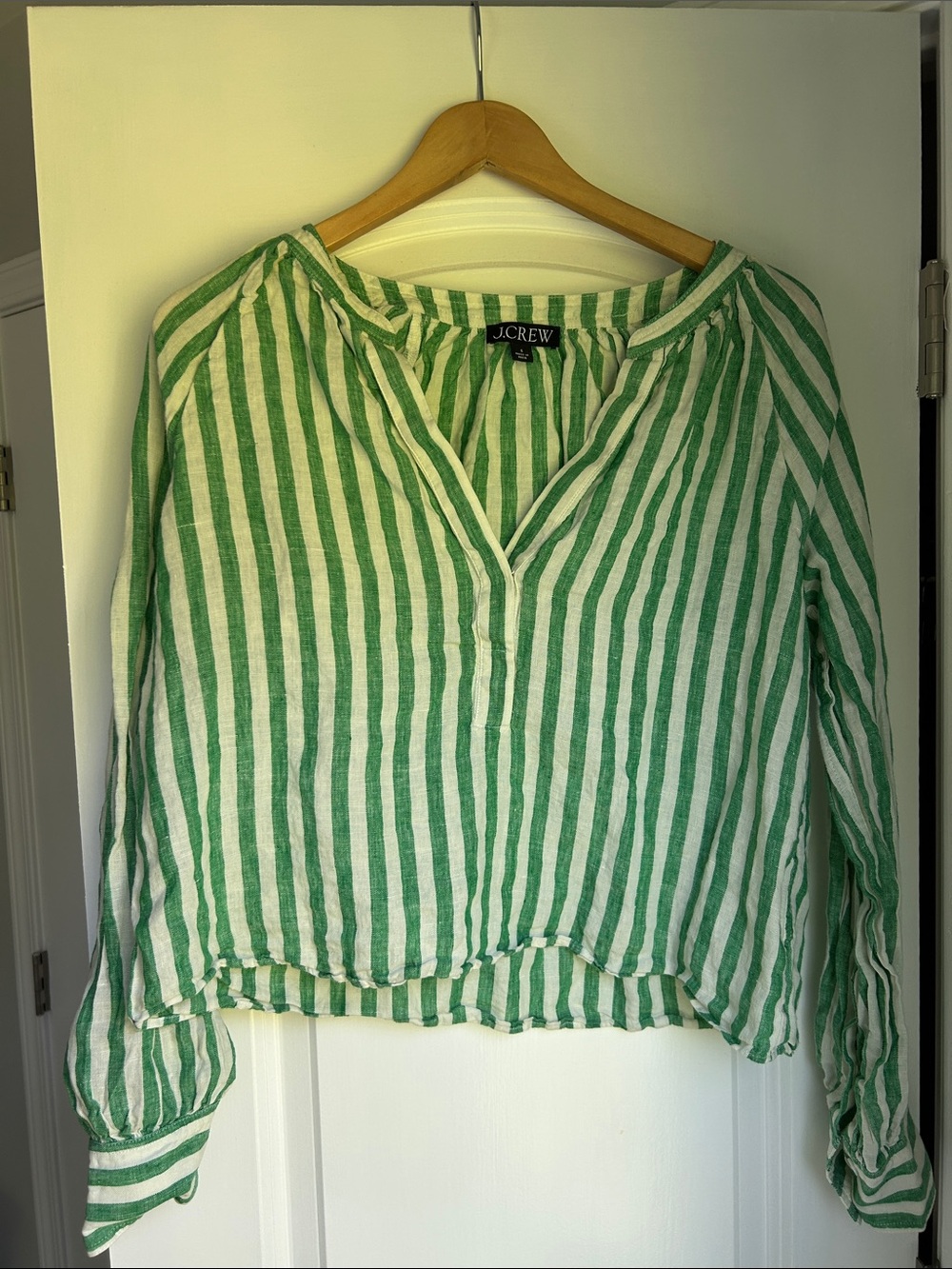 J. Crew Green and White Vertical Stripe V-Neck Blouse 100% Linen - Picture 2 of 4